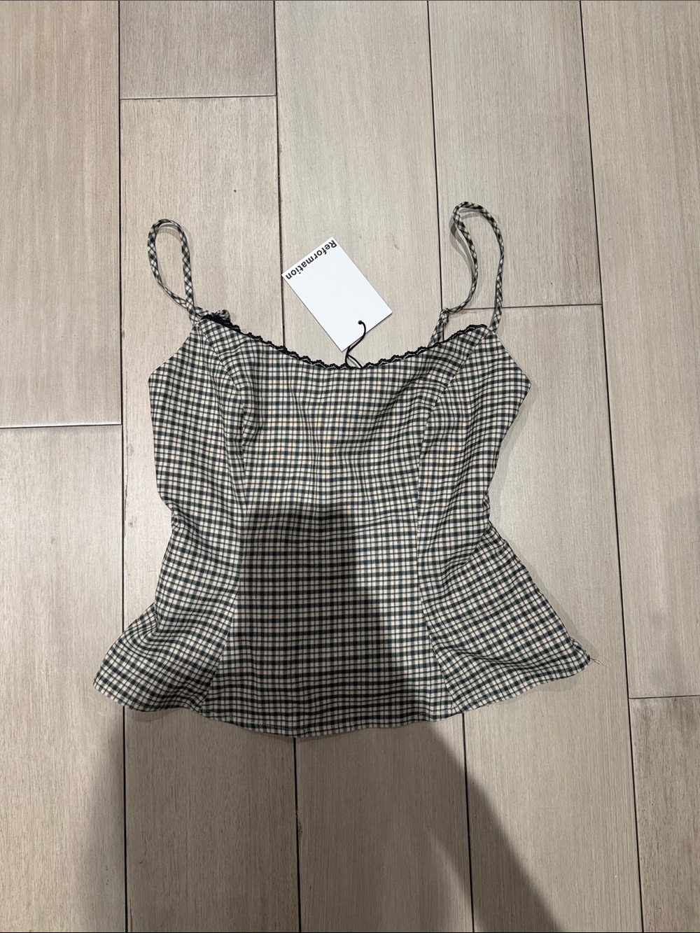 Reformation Genevieve Top Beige and Black Check